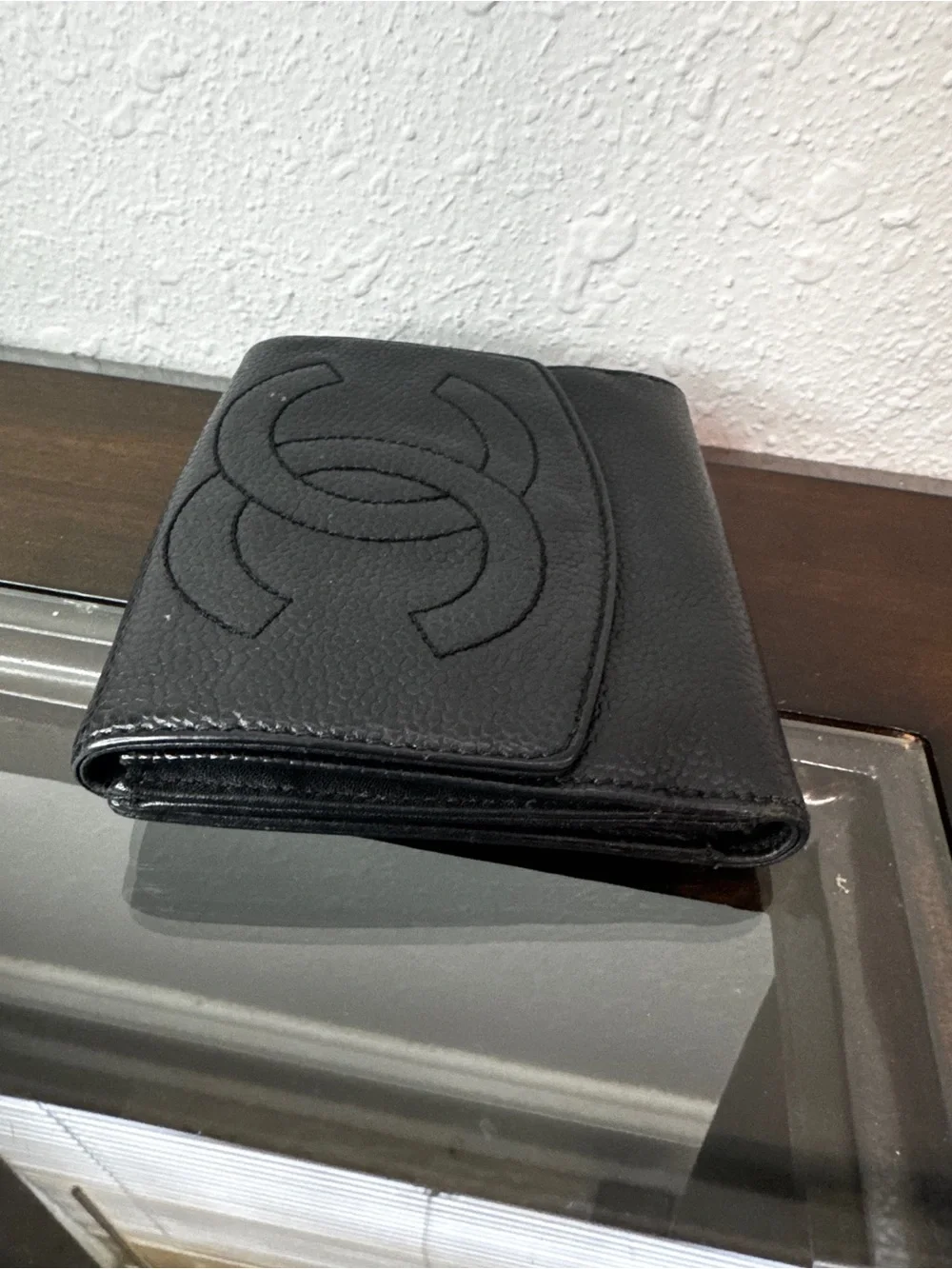 CHANEL Black Textured Caviar Leather Card Wallet with Interlocking CC